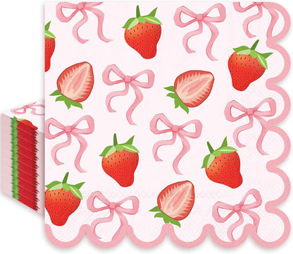 50Pcs Strawberry Paper Napkins Summer Fruit Disposable Napkins Pink Bow Scalloped Edge Paper Luncheon Dinner Napkin for Baby Shower Berry First Birthday Party Decor