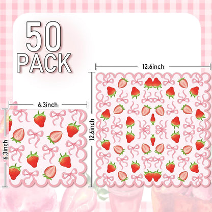 50Pcs Strawberry Paper Napkins Summer Fruit Disposable Napkins Pink Bow Scalloped Edge Paper Luncheon Dinner Napkin for Baby Shower Berry First Birthday Party Decor