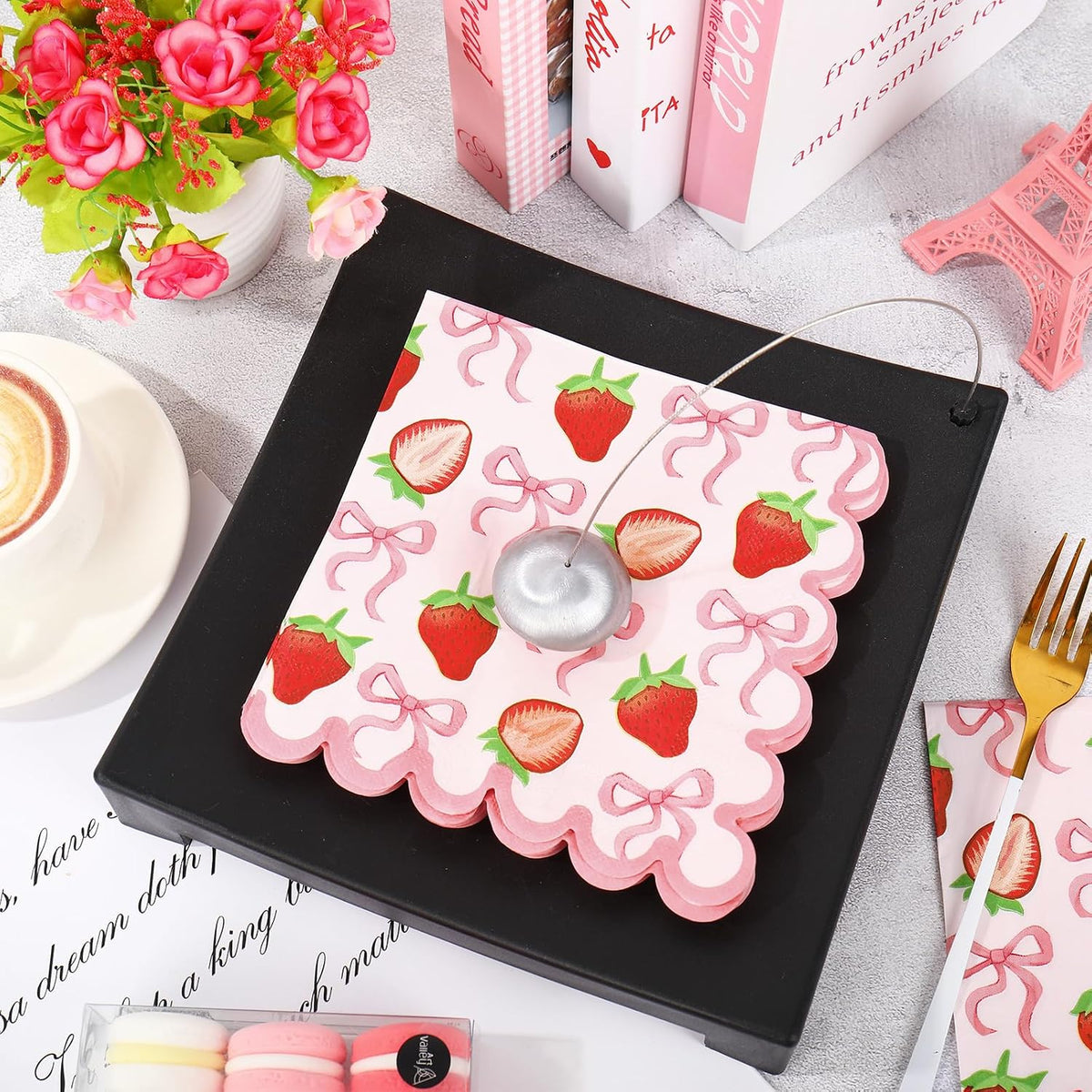 50Pcs Strawberry Paper Napkins Summer Fruit Disposable Napkins Pink Bow Scalloped Edge Paper Luncheon Dinner Napkin for Baby Shower Berry First Birthday Party Decor