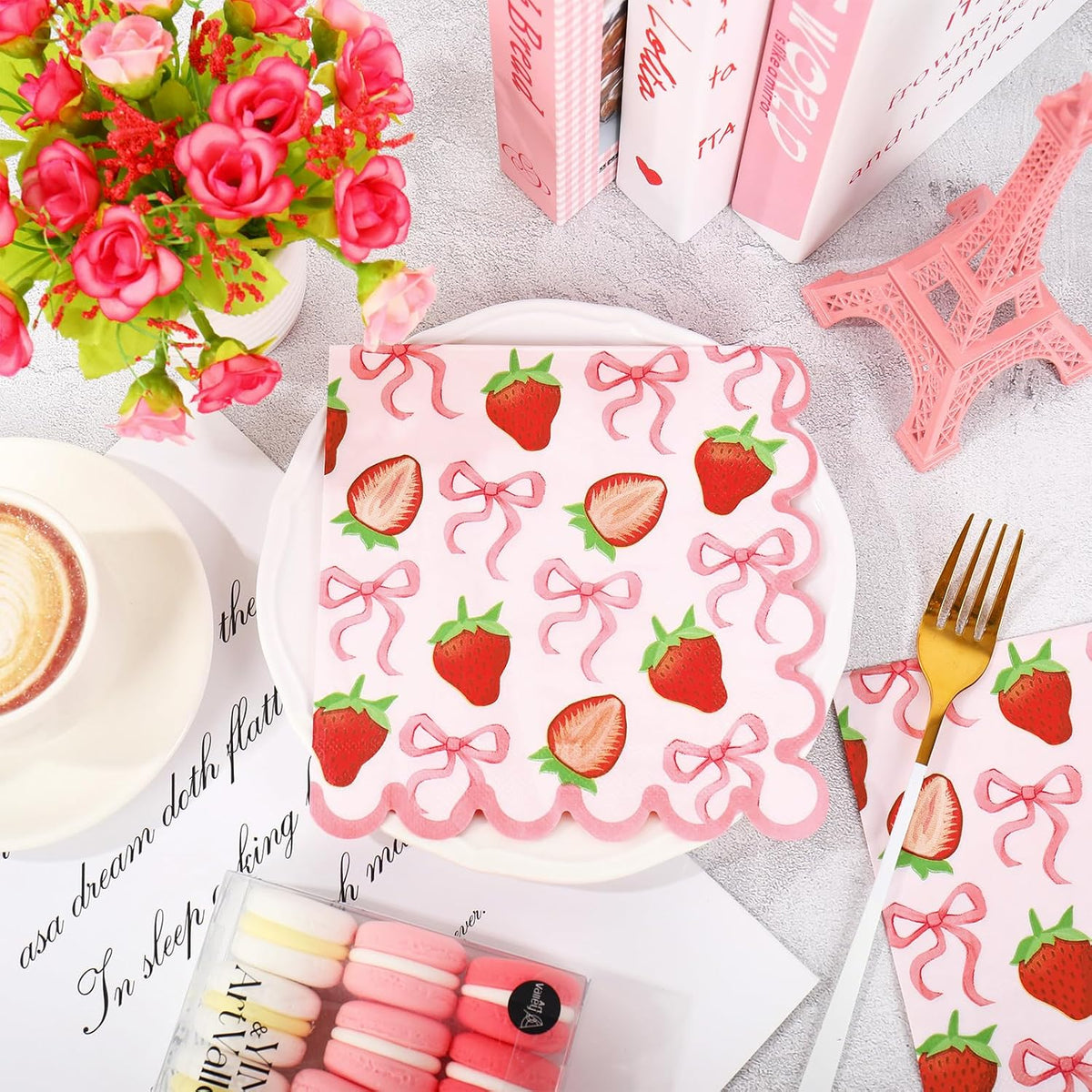 50Pcs Strawberry Paper Napkins Summer Fruit Disposable Napkins Pink Bow Scalloped Edge Paper Luncheon Dinner Napkin for Baby Shower Berry First Birthday Party Decor