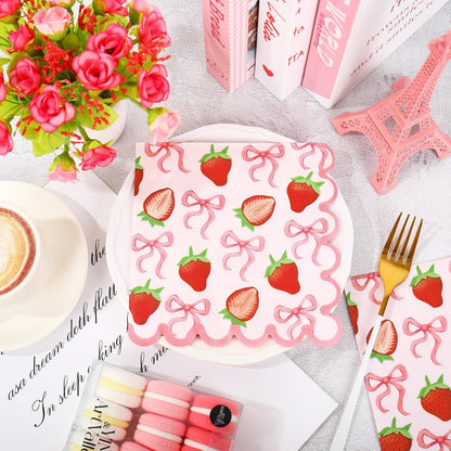 50Pcs Strawberry Paper Napkins Summer Fruit Disposable Napkins Pink Bow Scalloped Edge Paper Luncheon Dinner Napkin for Baby Shower Berry First Birthday Party Decor