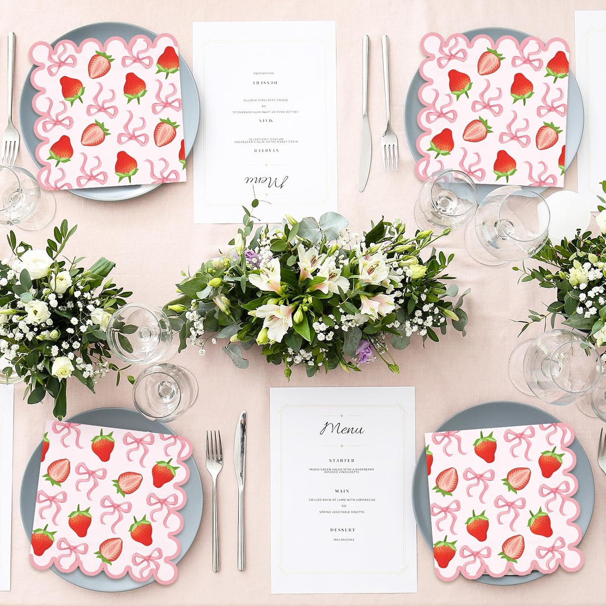 50Pcs Strawberry Paper Napkins Summer Fruit Disposable Napkins Pink Bow Scalloped Edge Paper Luncheon Dinner Napkin for Baby Shower Berry First Birthday Party Decor