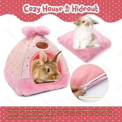 YUEPET Bunny Bed Warm Guinea Pig Cave Beds Cute Bowknot House Big Hideouts Cage Accessorie for Dwarf Rabbits Hamster Bunny Ferrets Rats Hedgehogs Chinchilla (Pink Grid)