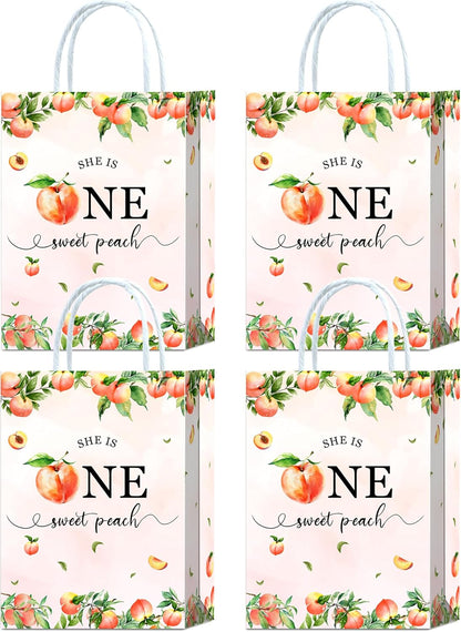 YanZonic One Sweet Peach Birthday Decorations Bags - 16Pcs Paper Gift Bags for 1st Birthday Peach Party Favors, Pink Birthday Decorations