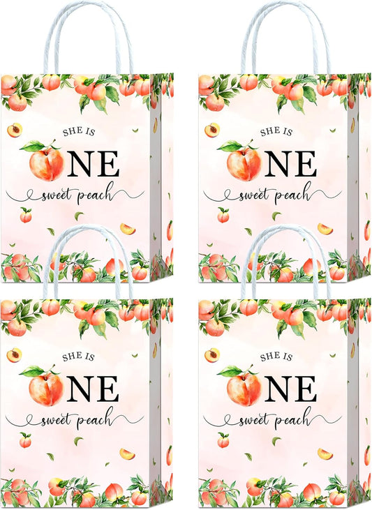 YanZonic One Sweet Peach Birthday Decorations Bags - 16Pcs Paper Gift Bags for 1st Birthday Peach Party Favors, Pink Birthday Decorations