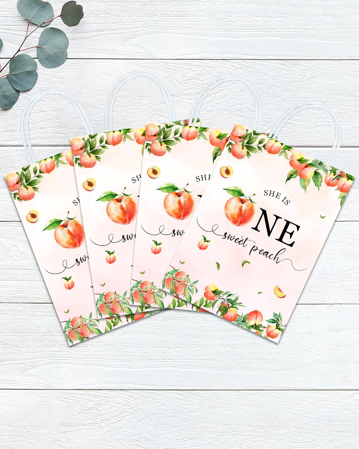 YanZonic One Sweet Peach Birthday Decorations Bags - 16Pcs Paper Gift Bags for 1st Birthday Peach Party Favors, Pink Birthday Decorations