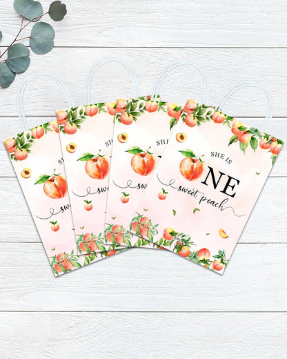 YanZonic One Sweet Peach Birthday Decorations Bags - 16Pcs Paper Gift Bags for 1st Birthday Peach Party Favors, Pink Birthday Decorations