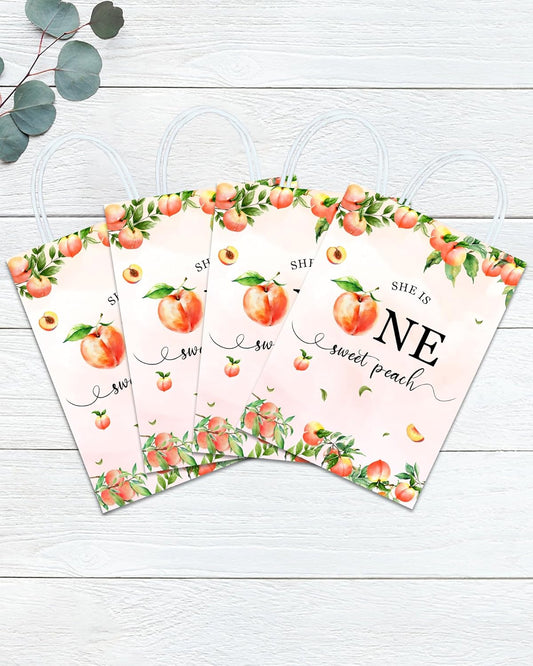 YanZonic One Sweet Peach Birthday Decorations Bags - 16Pcs Paper Gift Bags for 1st Birthday Peach Party Favors, Pink Birthday Decorations
