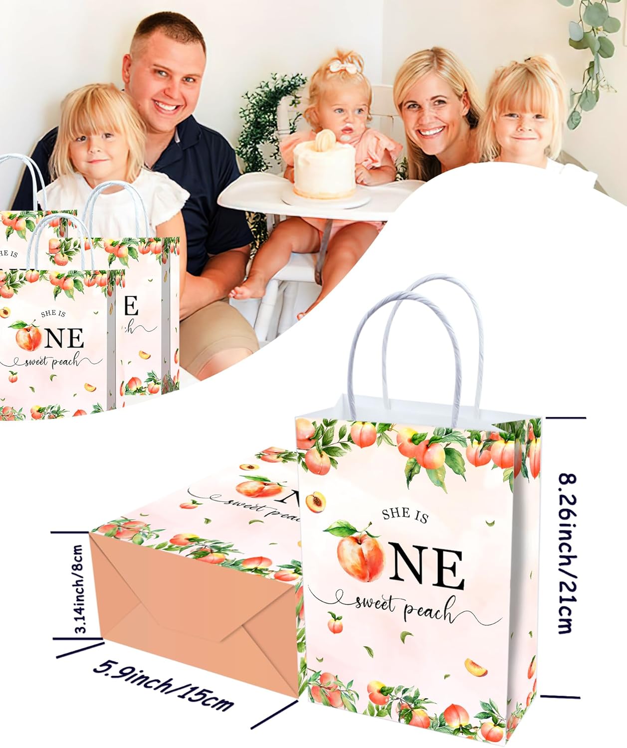 YanZonic One Sweet Peach Birthday Decorations Bags - 16Pcs Paper Gift Bags for 1st Birthday Peach Party Favors, Pink Birthday Decorations
