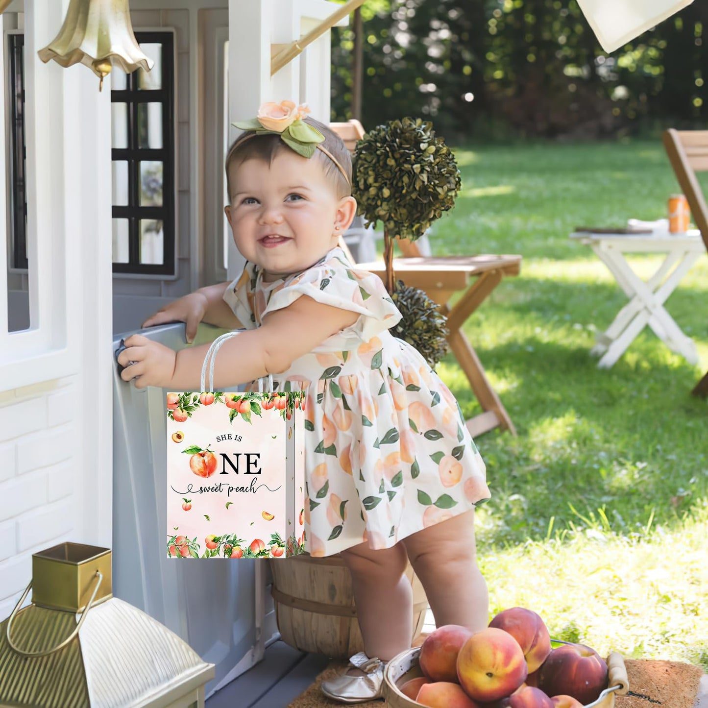 YanZonic One Sweet Peach Birthday Decorations Bags - 16Pcs Paper Gift Bags for 1st Birthday Peach Party Favors, Pink Birthday Decorations