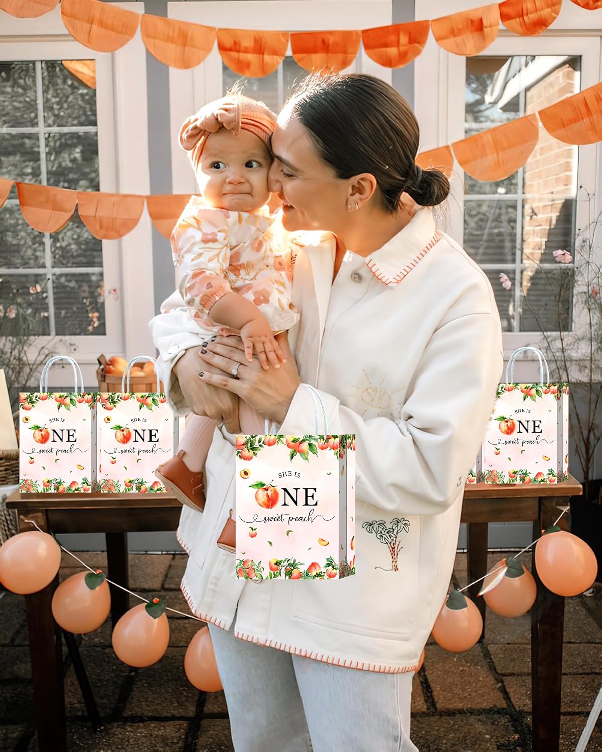 YanZonic One Sweet Peach Birthday Decorations Bags - 16Pcs Paper Gift Bags for 1st Birthday Peach Party Favors, Pink Birthday Decorations