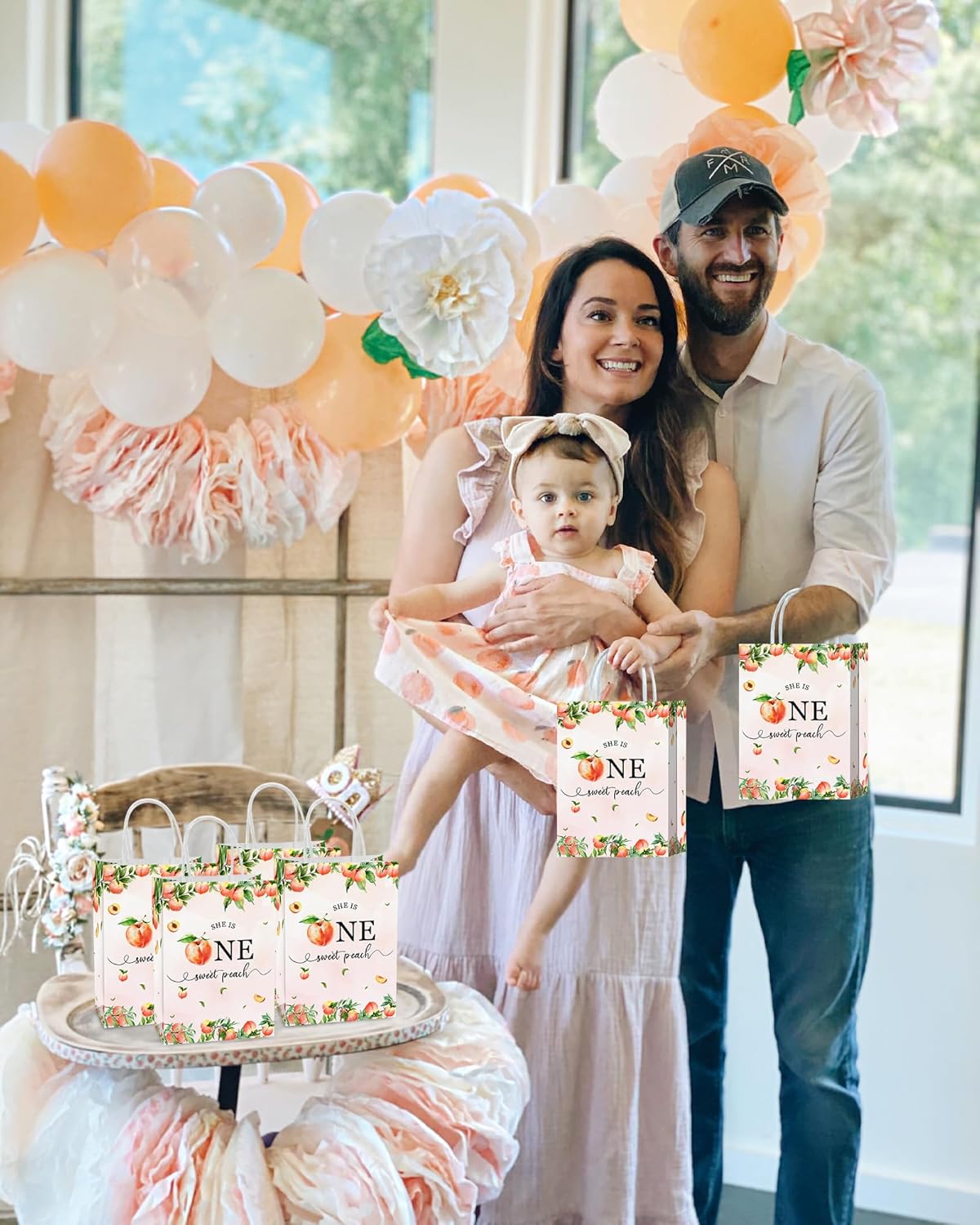 YanZonic One Sweet Peach Birthday Decorations Bags - 16Pcs Paper Gift Bags for 1st Birthday Peach Party Favors, Pink Birthday Decorations
