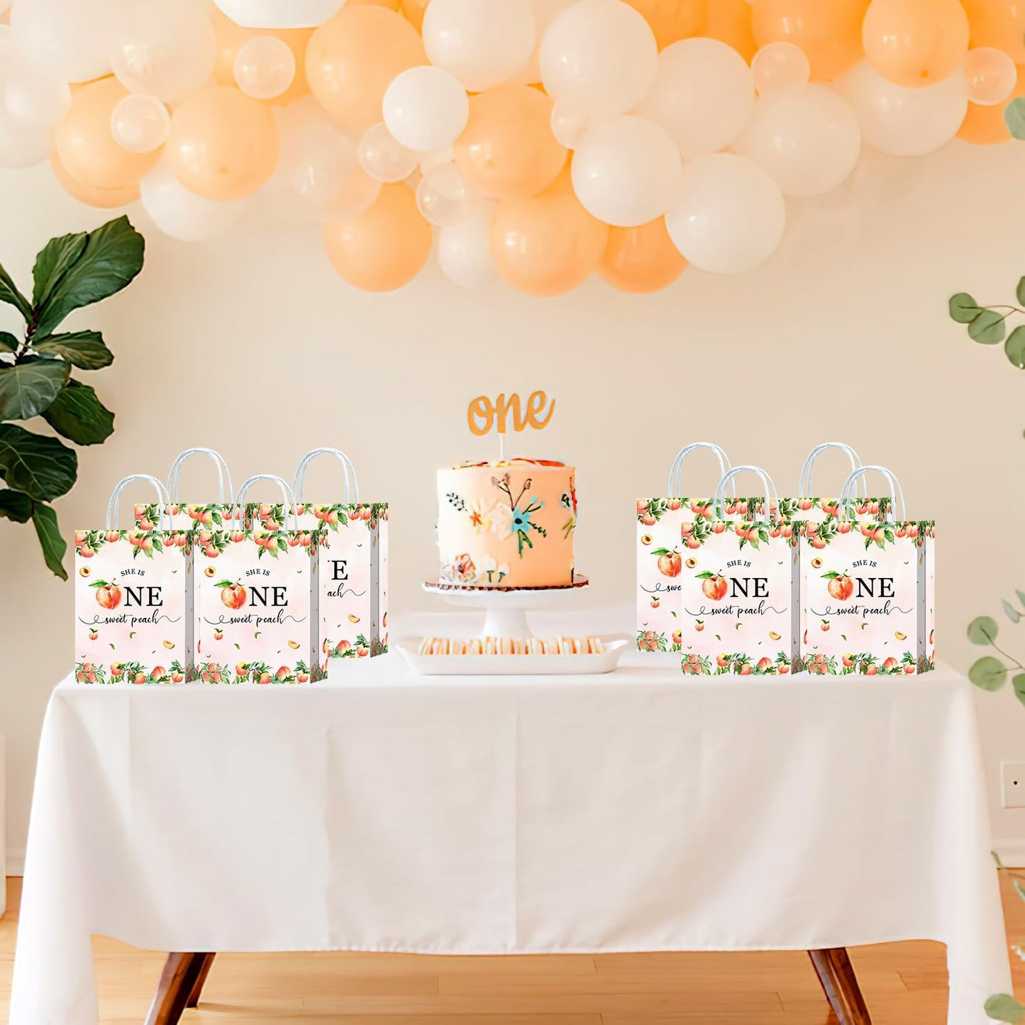 YanZonic One Sweet Peach Birthday Decorations Bags - 16Pcs Paper Gift Bags for 1st Birthday Peach Party Favors, Pink Birthday Decorations