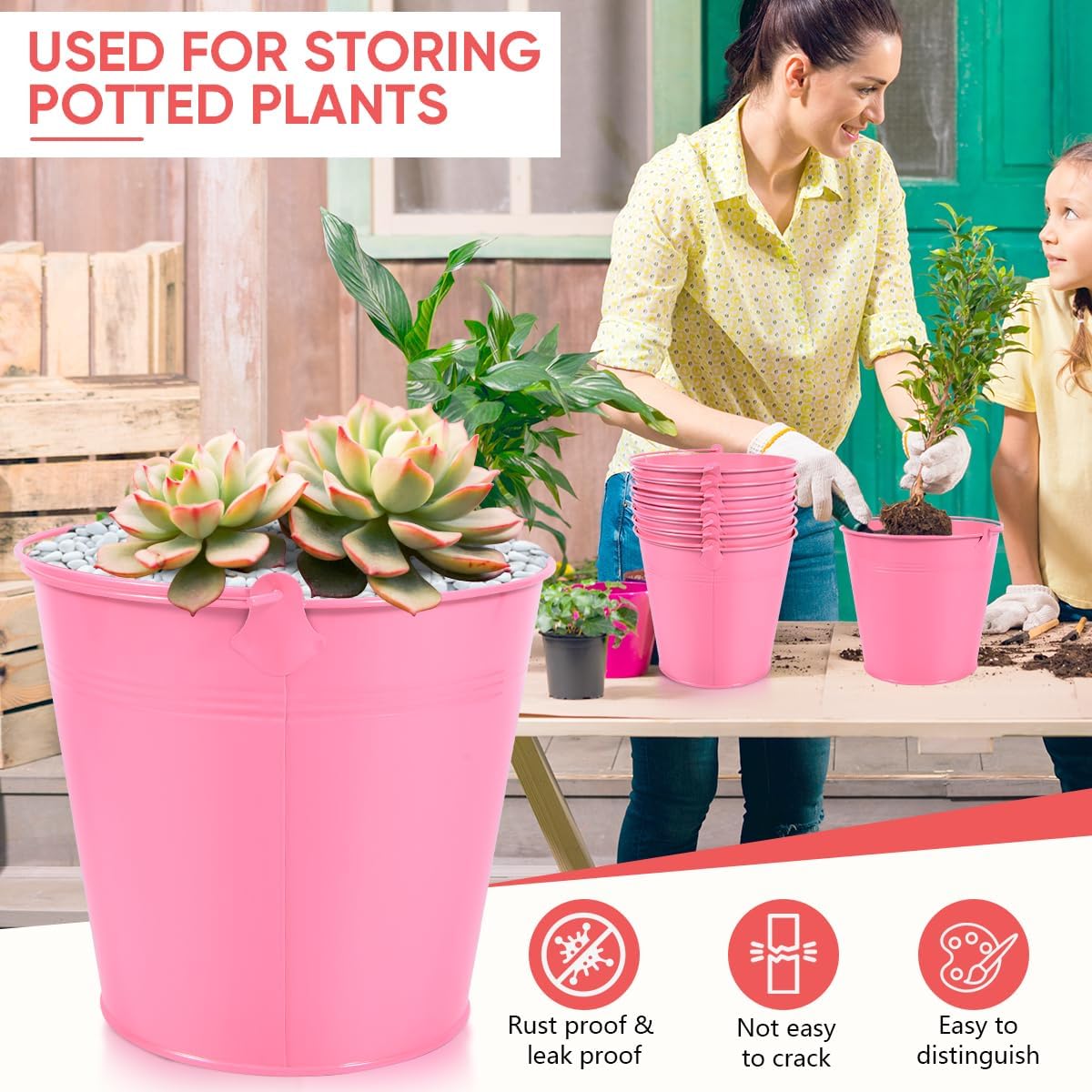 7 Pack Pink Metal Buckets with Handle Galvanized Ice Pails for Plants, Succulents, Party Favors Organizing, Rustic Home Decor or Classrooms Pencil Storage (7.1 x 5.2 inch)