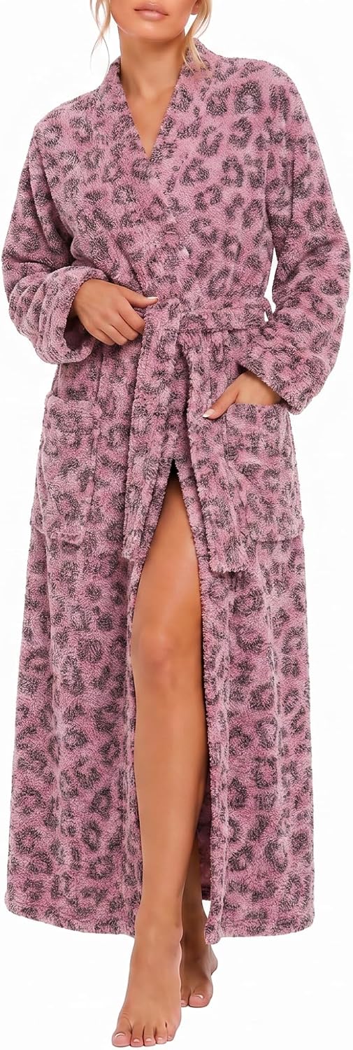 Womens Leopard Plush Robe, Long Floor Length Bathrobe with Pockets, Ultra Soft Winter Housecoat for Home