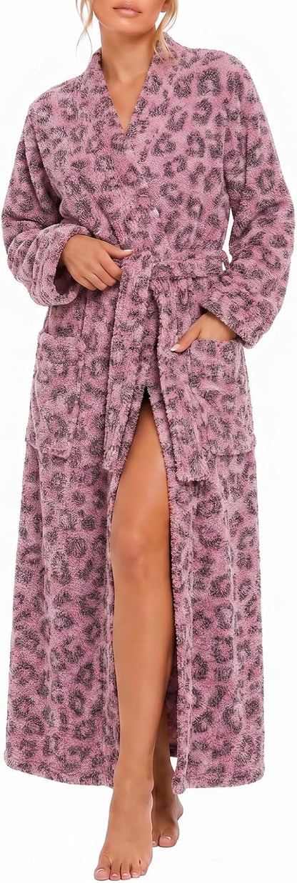 Womens Leopard Plush Robe, Long Floor Length Bathrobe with Pockets, Ultra Soft Winter Housecoat for Home