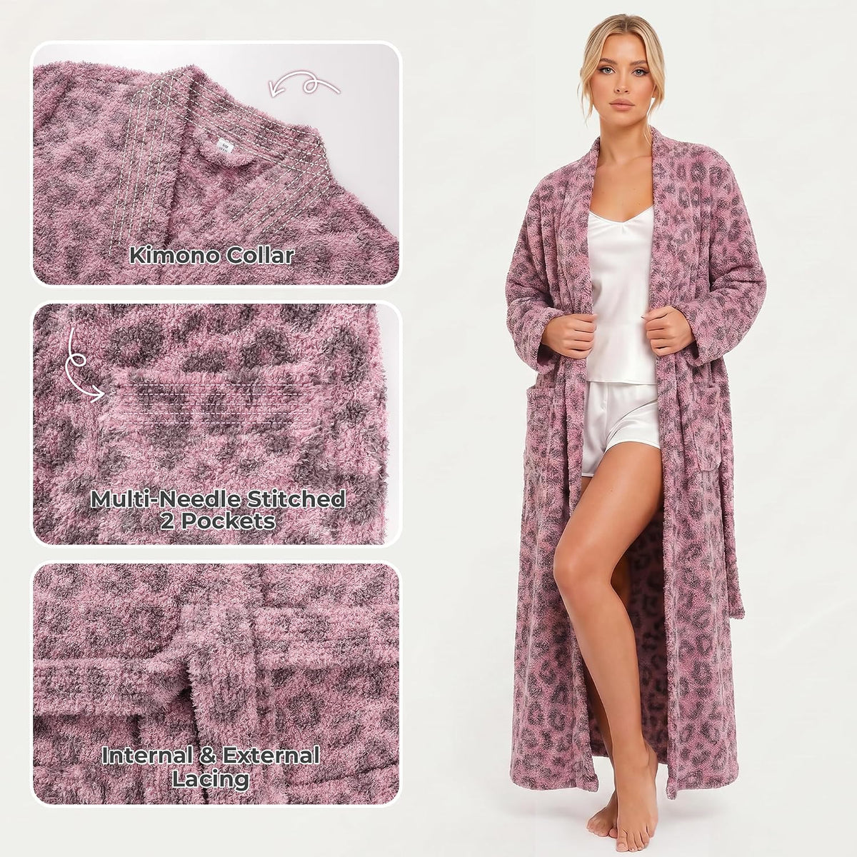 Womens Leopard Plush Robe, Long Floor Length Bathrobe with Pockets, Ultra Soft Winter Housecoat for Home