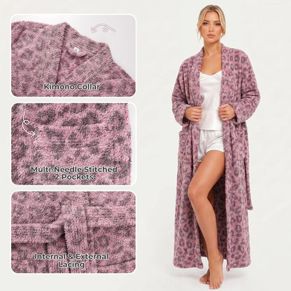 Womens Leopard Plush Robe, Long Floor Length Bathrobe with Pockets, Ultra Soft Winter Housecoat for Home