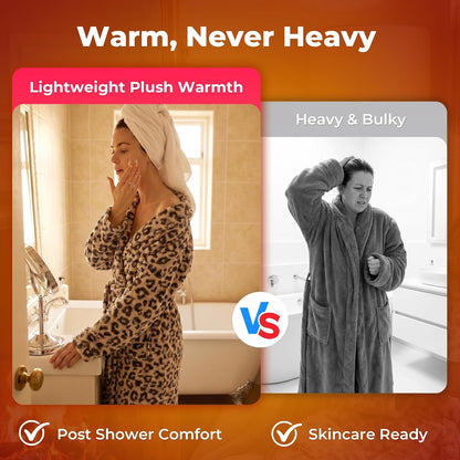 Womens Leopard Plush Robe, Long Floor Length Bathrobe with Pockets, Ultra Soft Winter Housecoat for Home