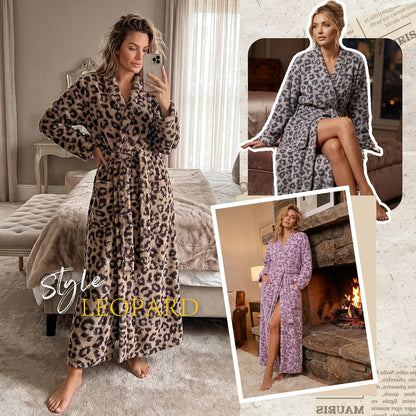 Womens Leopard Plush Robe, Long Floor Length Bathrobe with Pockets, Ultra Soft Winter Housecoat for Home