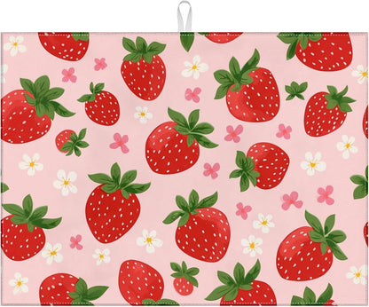 Pink Cute Strawberry Flowers Dish Drying Mat for Kitchen Counter Floral Absorbent Microfiber Dish Drainer Mats Reusable Washable Dishes Draining Rack Pad 18x24 Inch