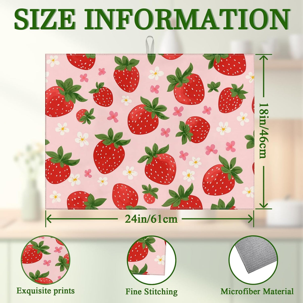 Pink Cute Strawberry Flowers Dish Drying Mat for Kitchen Counter Floral Absorbent Microfiber Dish Drainer Mats Reusable Washable Dishes Draining Rack Pad 18x24 Inch