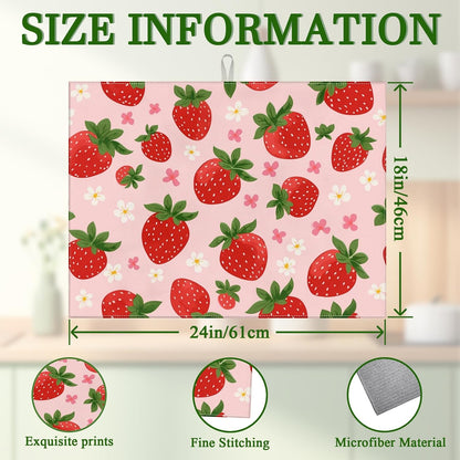 Pink Cute Strawberry Flowers Dish Drying Mat for Kitchen Counter Floral Absorbent Microfiber Dish Drainer Mats Reusable Washable Dishes Draining Rack Pad 18x24 Inch