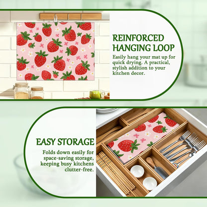 Pink Cute Strawberry Flowers Dish Drying Mat for Kitchen Counter Floral Absorbent Microfiber Dish Drainer Mats Reusable Washable Dishes Draining Rack Pad 18x24 Inch