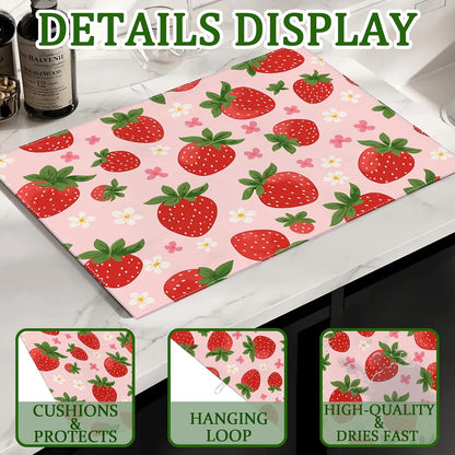 Pink Cute Strawberry Flowers Dish Drying Mat for Kitchen Counter Floral Absorbent Microfiber Dish Drainer Mats Reusable Washable Dishes Draining Rack Pad 18x24 Inch