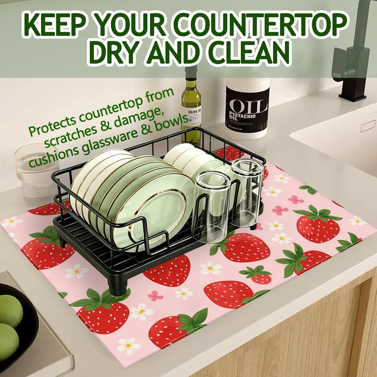 Pink Cute Strawberry Flowers Dish Drying Mat for Kitchen Counter Floral Absorbent Microfiber Dish Drainer Mats Reusable Washable Dishes Draining Rack Pad 18x24 Inch
