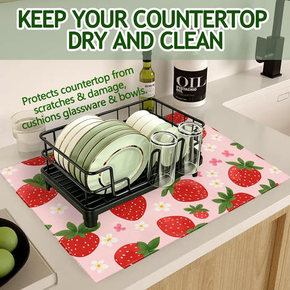 Pink Cute Strawberry Flowers Dish Drying Mat for Kitchen Counter Floral Absorbent Microfiber Dish Drainer Mats Reusable Washable Dishes Draining Rack Pad 18x24 Inch