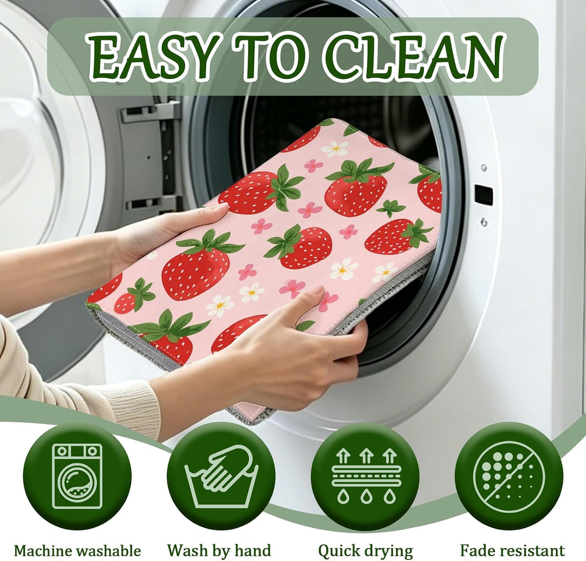 Pink Cute Strawberry Flowers Dish Drying Mat for Kitchen Counter Floral Absorbent Microfiber Dish Drainer Mats Reusable Washable Dishes Draining Rack Pad 18x24 Inch