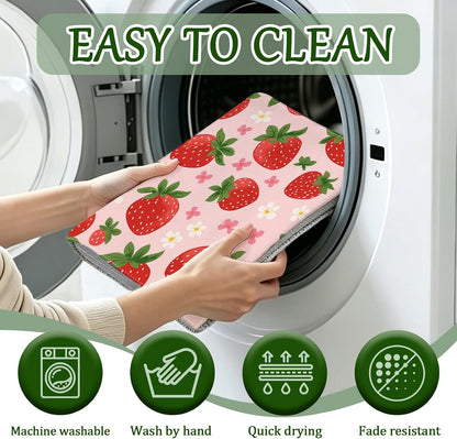 Pink Cute Strawberry Flowers Dish Drying Mat for Kitchen Counter Floral Absorbent Microfiber Dish Drainer Mats Reusable Washable Dishes Draining Rack Pad 18x24 Inch