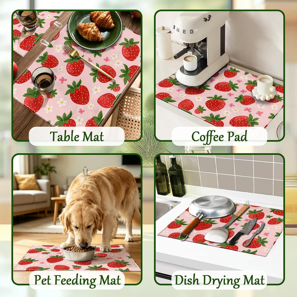 Pink Cute Strawberry Flowers Dish Drying Mat for Kitchen Counter Floral Absorbent Microfiber Dish Drainer Mats Reusable Washable Dishes Draining Rack Pad 18x24 Inch