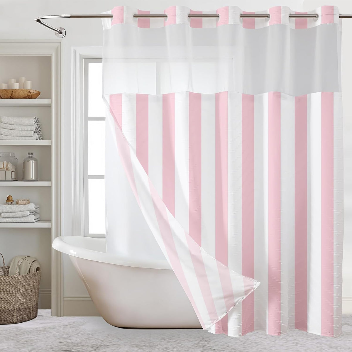 No Hook Shower Curtain with Snap in Liner Pink and White Striped Shower Curtain for Bathroom Vertical Stripe Geometric Bathroom Curtains Shower Set, 72x74 inches Shower Curtains and Liner Set