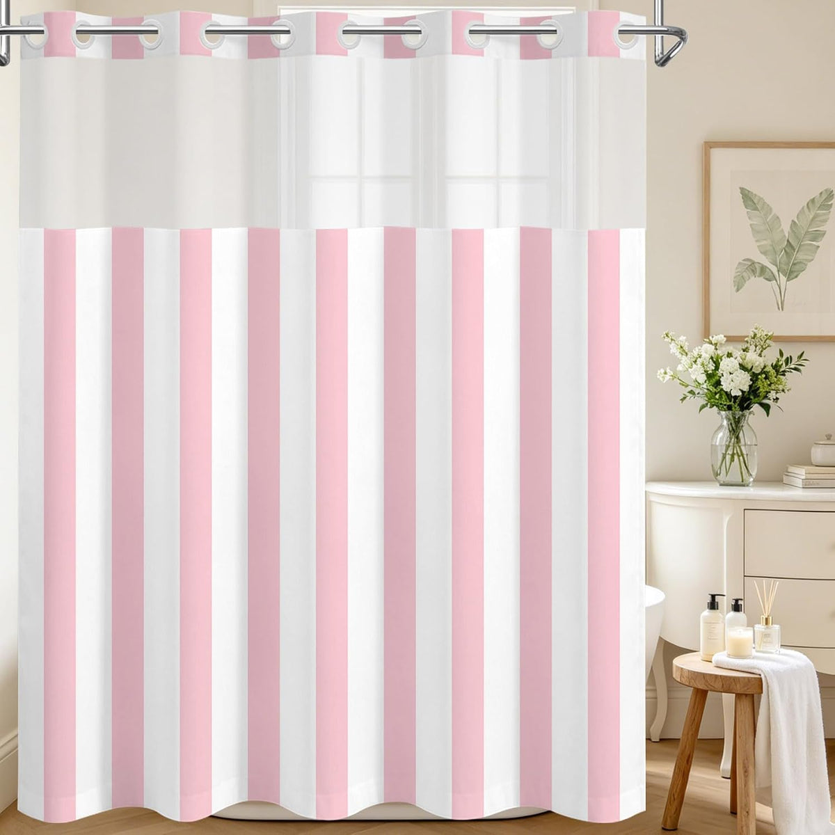 No Hook Shower Curtain with Snap in Liner Pink and White Striped Shower Curtain for Bathroom Vertical Stripe Geometric Bathroom Curtains Shower Set, 72x74 inches Shower Curtains and Liner Set