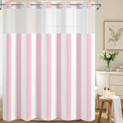 No Hook Shower Curtain with Snap in Liner Pink and White Striped Shower Curtain for Bathroom Vertical Stripe Geometric Bathroom Curtains Shower Set, 72x74 inches Shower Curtains and Liner Set