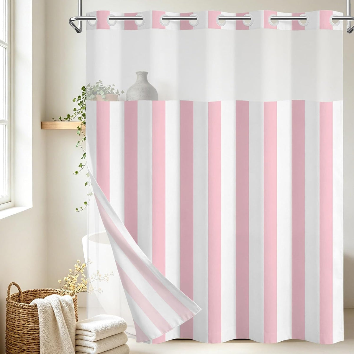 No Hook Shower Curtain with Snap in Liner Pink and White Striped Shower Curtain for Bathroom Vertical Stripe Geometric Bathroom Curtains Shower Set, 72x74 inches Shower Curtains and Liner Set