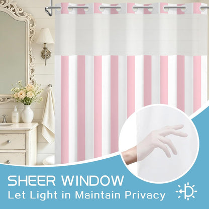 No Hook Shower Curtain with Snap in Liner Pink and White Striped Shower Curtain for Bathroom Vertical Stripe Geometric Bathroom Curtains Shower Set, 72x74 inches Shower Curtains and Liner Set