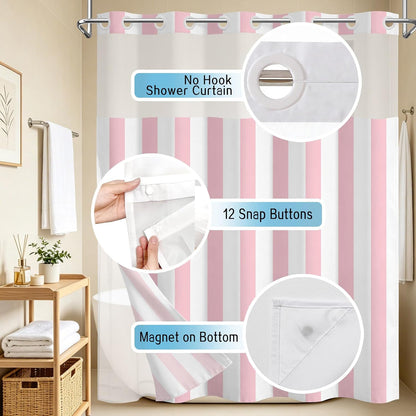 No Hook Shower Curtain with Snap in Liner Pink and White Striped Shower Curtain for Bathroom Vertical Stripe Geometric Bathroom Curtains Shower Set, 72x74 inches Shower Curtains and Liner Set