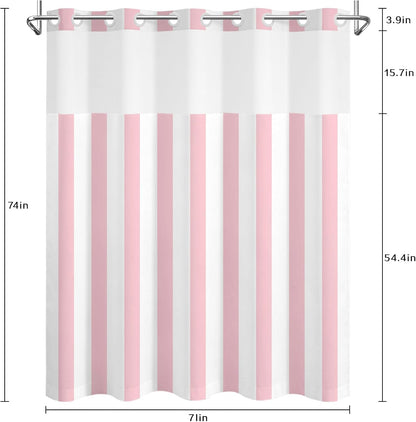 No Hook Shower Curtain with Snap in Liner Pink and White Striped Shower Curtain for Bathroom Vertical Stripe Geometric Bathroom Curtains Shower Set, 72x74 inches Shower Curtains and Liner Set