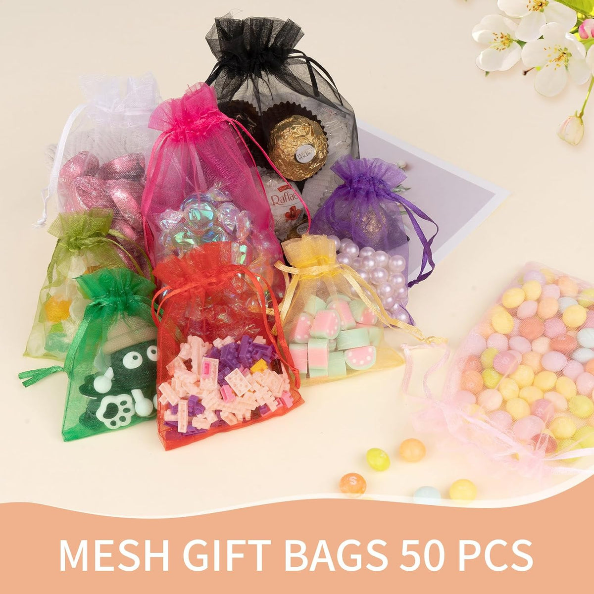 50PCS Pink Organza Bags 4x6, Small Gift Bags Cute Drawstring Mesh Pouches Mini Goody Baggies for Women Jewelry Candy Sachet Goodie Birthday Wedding Baby Shower Party Favors Halloween