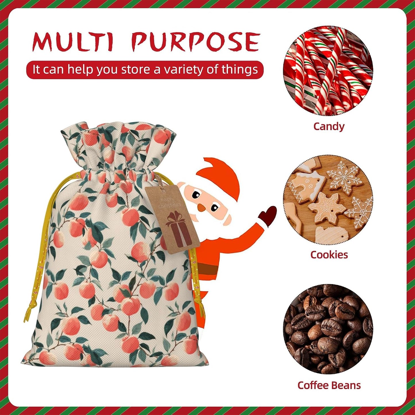 Qewfoju Fruits Peach 3 Pattern Holiday Gift Bags Christmas Burlap Gift Bags Drawstring for Wedding Party Favors Xmas Gifts Couple Shower Medium