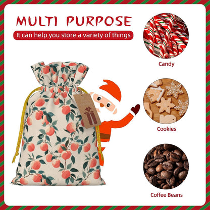 Qewfoju Fruits Peach 3 Pattern Holiday Gift Bags Christmas Burlap Gift Bags Drawstring for Wedding Party Favors Xmas Gifts Couple Shower Medium