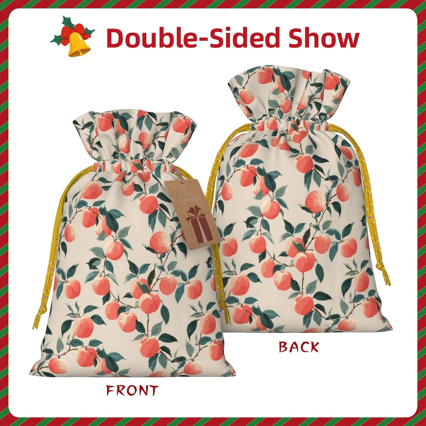 Qewfoju Fruits Peach 3 Pattern Holiday Gift Bags Christmas Burlap Gift Bags Drawstring for Wedding Party Favors Xmas Gifts Couple Shower Medium