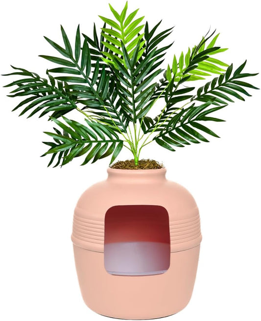 Good Pet Stuff Original Hidden Litter Box Planter, Decorative Cat Litter Enclosure with Carbon Filter, Artificial Palm Plant, Upgraded Design, Easy Clean Litter Tray, Essentials Kit, Pink Coral