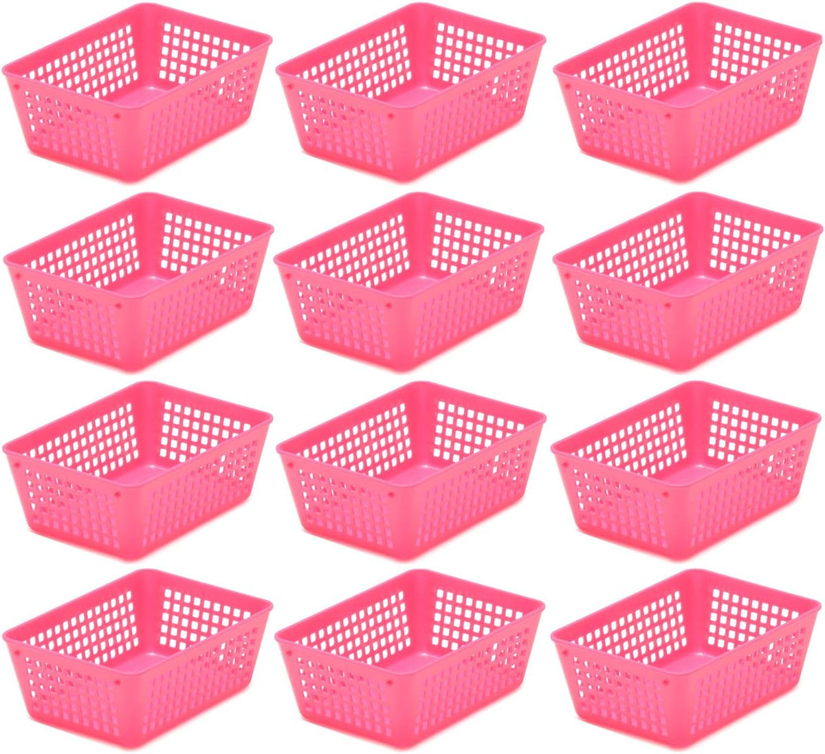 12-Pack Small Plastic Storage Baskets for Home Junk Drawers and Office Desktop Drawers Organization - Functional Trays for Kitchen, Bedroom, and Bathroom, Pink