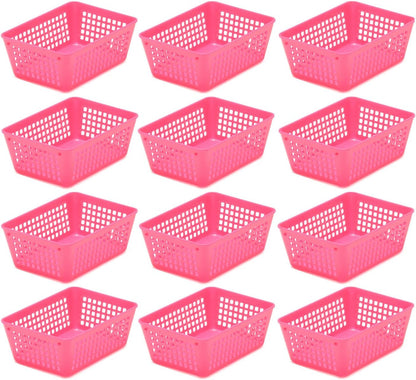 12-Pack Small Plastic Storage Baskets for Home Junk Drawers and Office Desktop Drawers Organization - Functional Trays for Kitchen, Bedroom, and Bathroom, Pink
