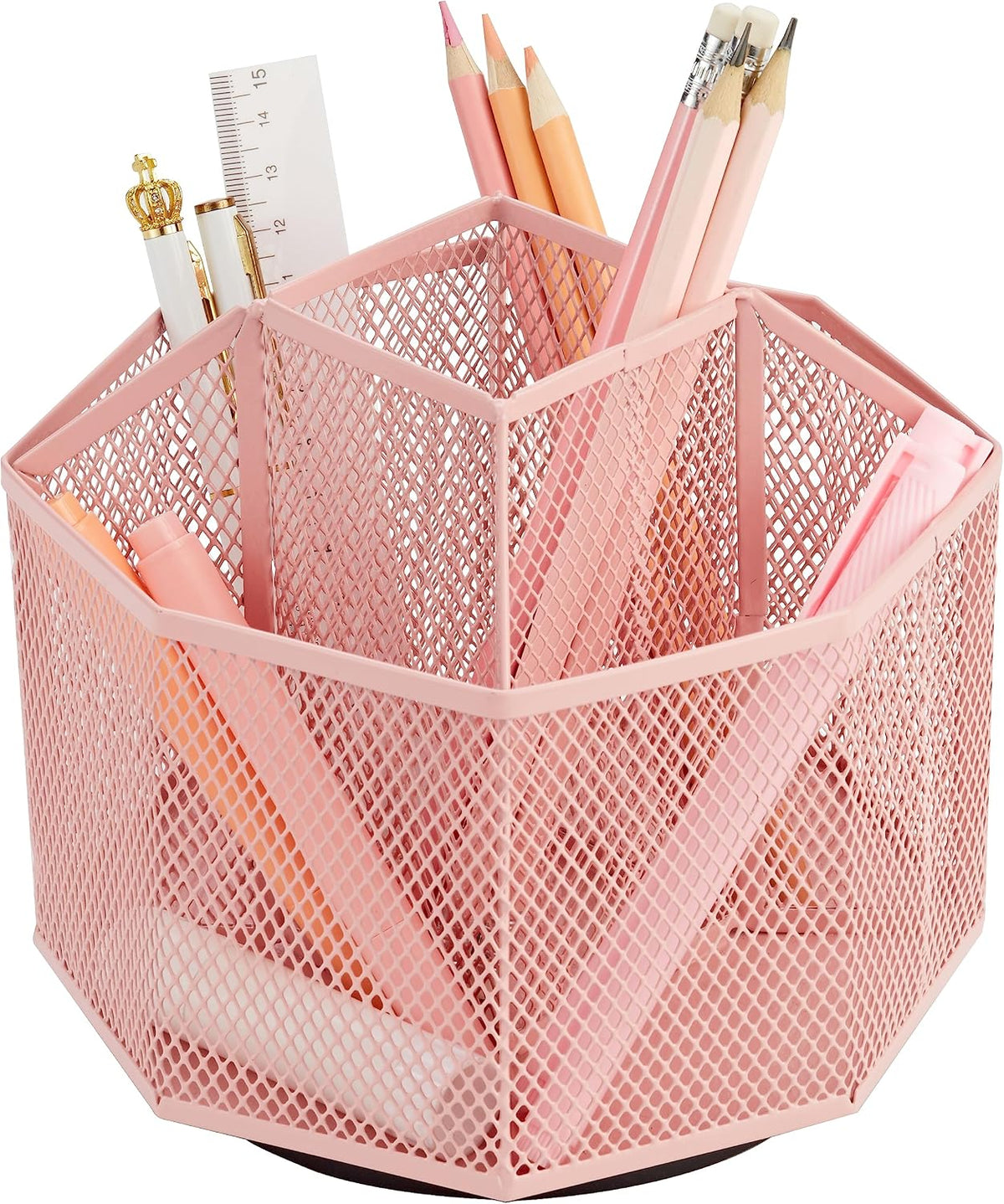 Annova Mesh Desk Organizer Rotate with 5 Compartments Spinning Tidy Candy/Pen Holder Office, Art Supply, Storage, Classroom, Home (Light Pink)