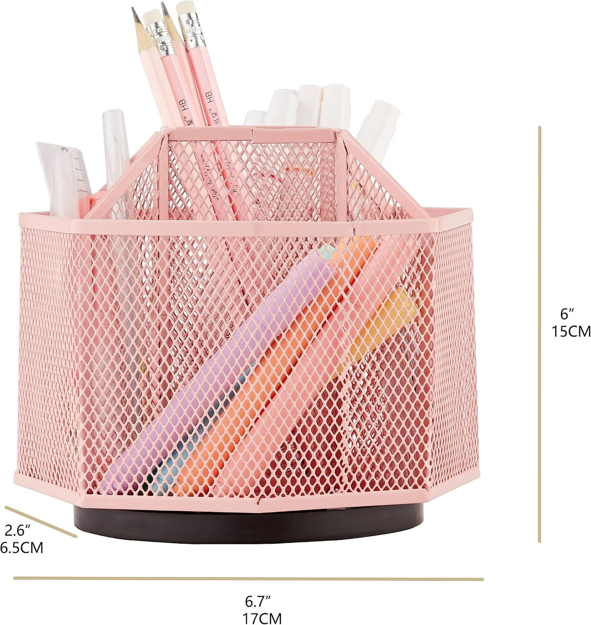 Annova Mesh Desk Organizer Rotate with 5 Compartments Spinning Tidy Candy/Pen Holder Office, Art Supply, Storage, Classroom, Home (Light Pink)